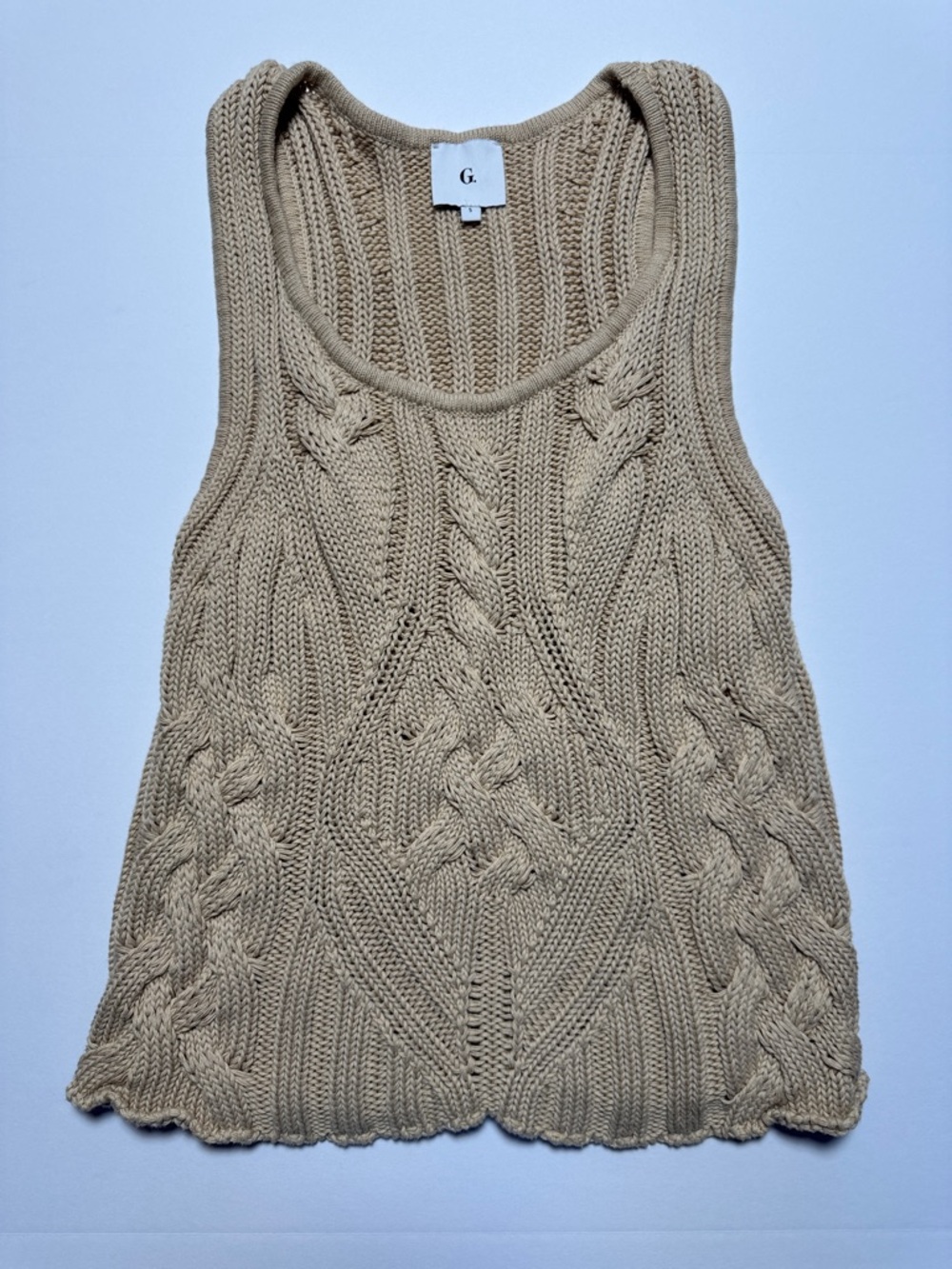 G. Label by Goop Cable Knit Sweater Vest Tan Beige Sleeveless Scoop Neck Italy S